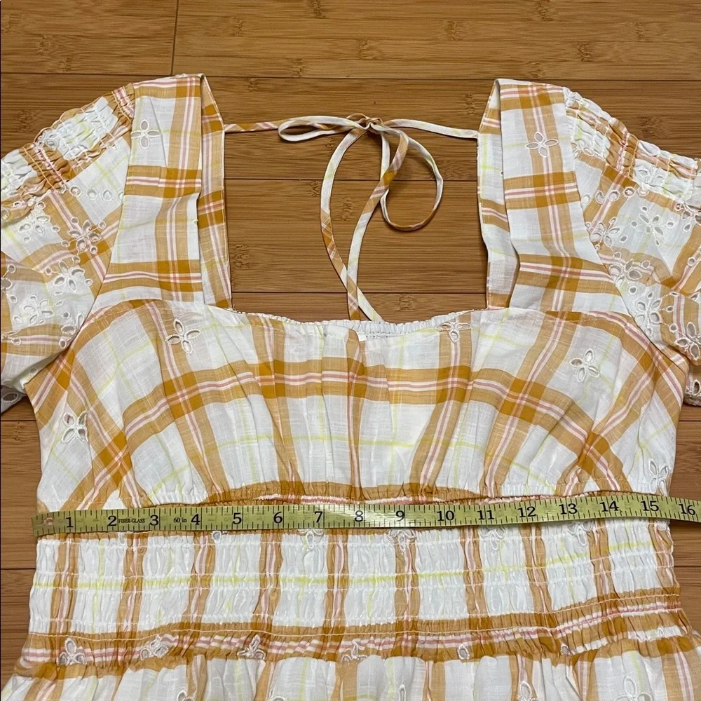 Anthropologie Puff-Sleeve Eyelet Midi Dress Size Large Smocked Plaid Yellow - Picture 15 of 17